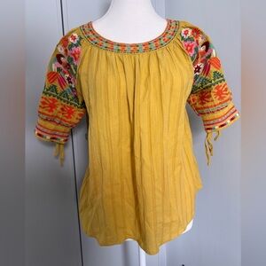THML Yellow Blouse with Embellished Pleats and Embroidery Floral Pattern